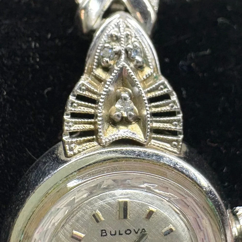 Bulova Wristwatch Womens 5.5 Silver Good 1960s 10k RGP Diamond Cocktail 23 Jwl